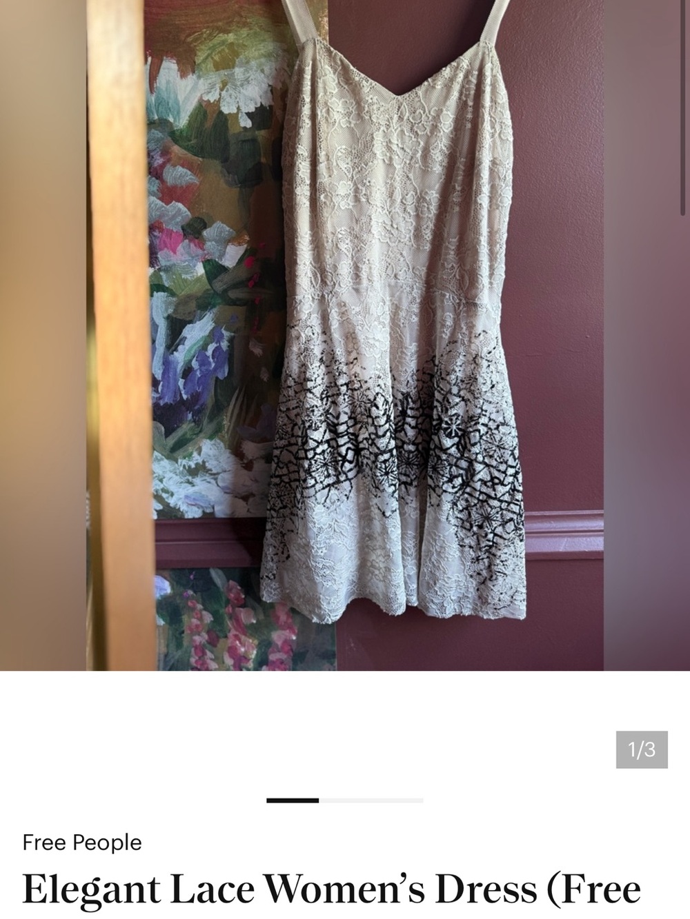 Free People Cream Lace Mini Skirt with Black Ombre Floral Detail